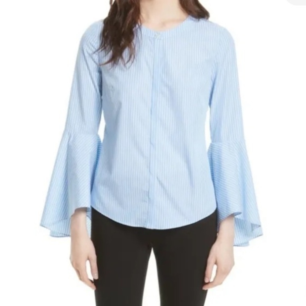 MILLY Woman’s Michelle Bell  Sleeves Light Blue  White Stripe Blouse Sz 2